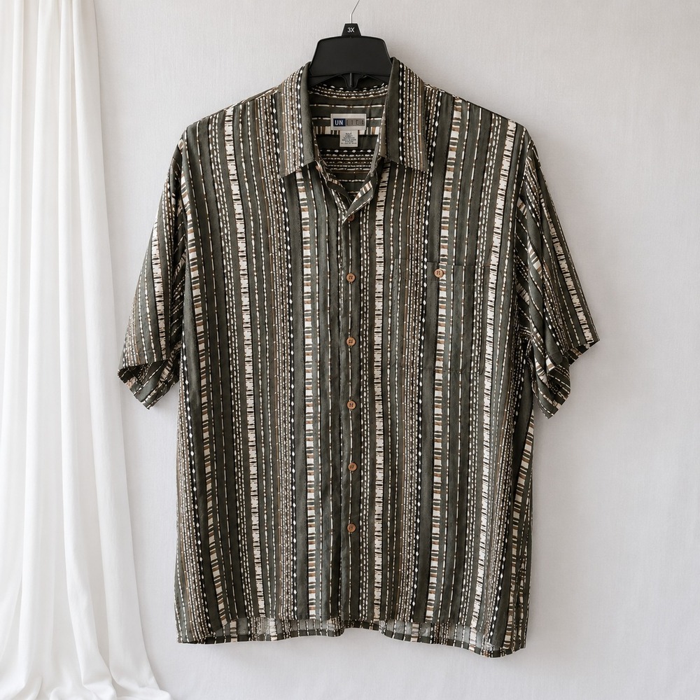 Untied Vertical Stripe VTG Button Down Shirt L Green Abstract‎ Geometric Rayon